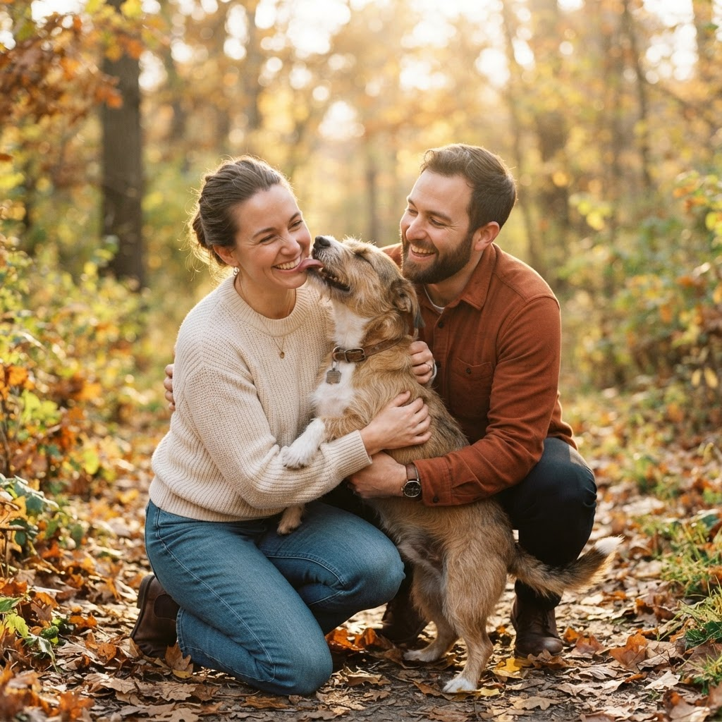 A rescued dog being hugged by a loving couple
